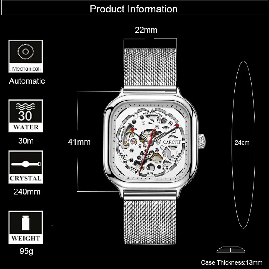 CAROTIF Men Mechanical Watches Automatic Self-Wind Transparent Fashion Mesh Steel Wristwatch Skeleton Man Male Hot Hour