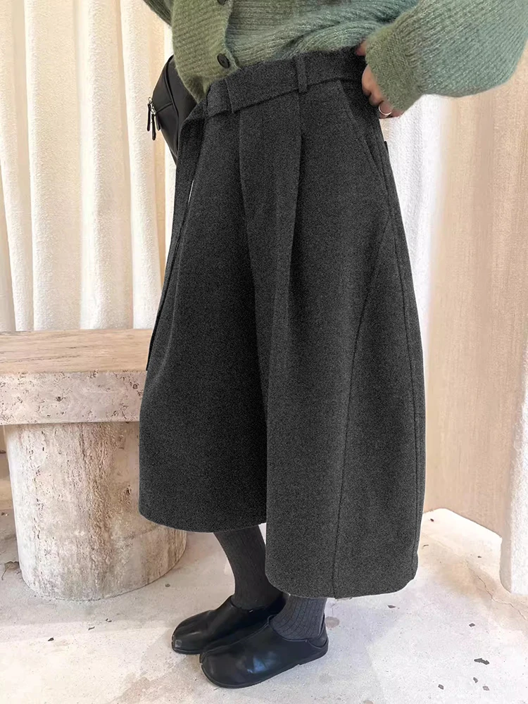 ReddaChic Dressy Pleats Tweed Shorts Unisex Bloomers Office Casual Loose Belt Low Rise Wide Leg Baggy Pants Winter Women Clothes