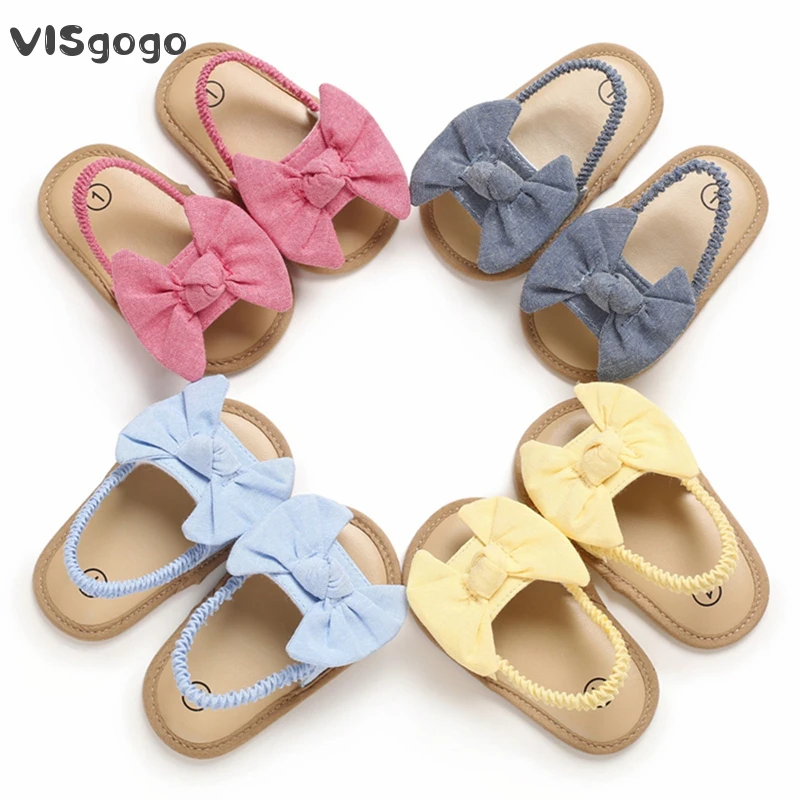 

VISgogo Baby Girls Bowknot Sandals Anti-slip Soft Sole Prewalker Summer Princess Crib Shoes Solid Color Flat Clogs Sandals