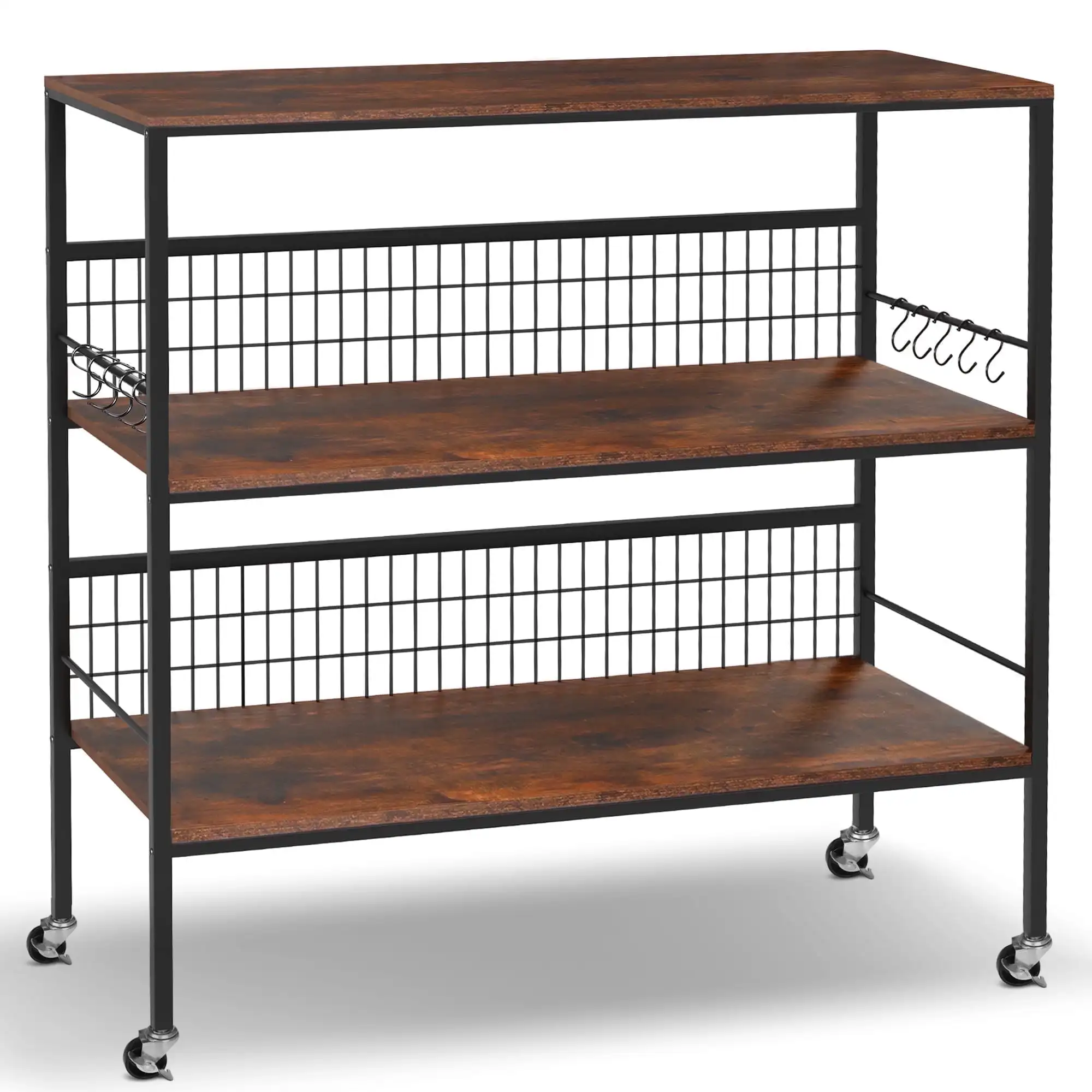 

40" Wheeled Kitchen Storage Cart Island with Shelves, 3-Tier Kitchen Bakers Rack with 10 Hooks