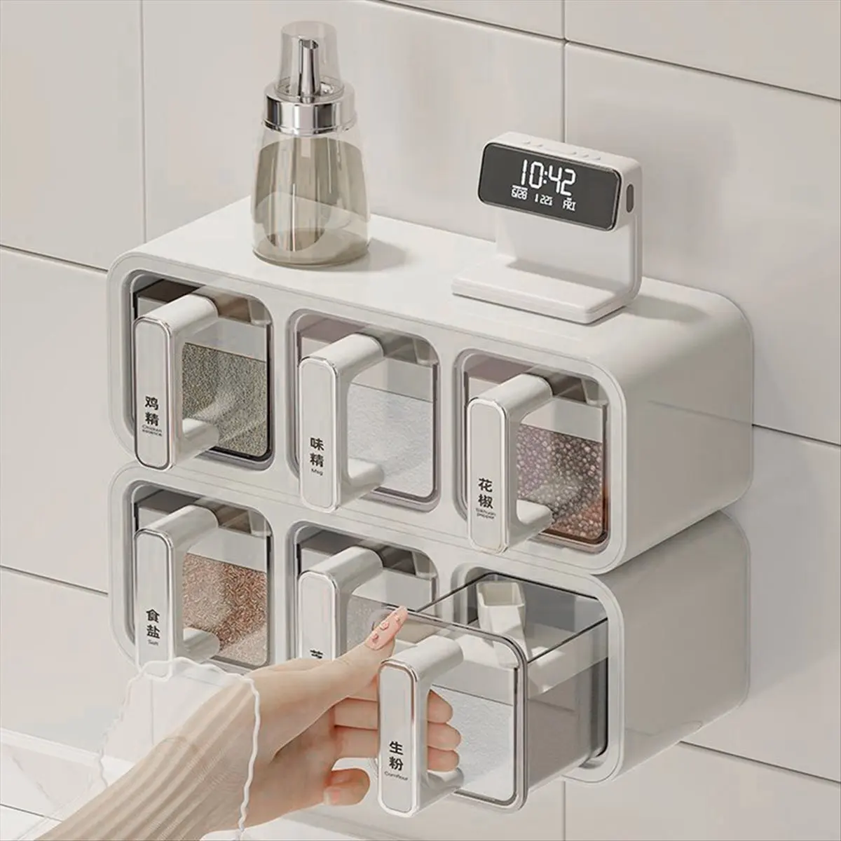 ABUA Wall-Mounted Kitchen Salt MSG Seasoning Condiment Storage Box Home Integrated Multi-Grid Seasoning Jar Set A