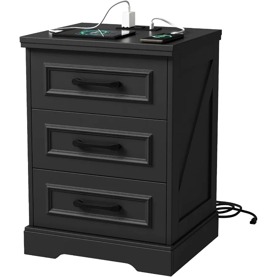 Farmhouse Nightstand with Charging Station Black Wood Chest 3 Drawer Storage Bedside Table Night Stand with Type C USB Ports an