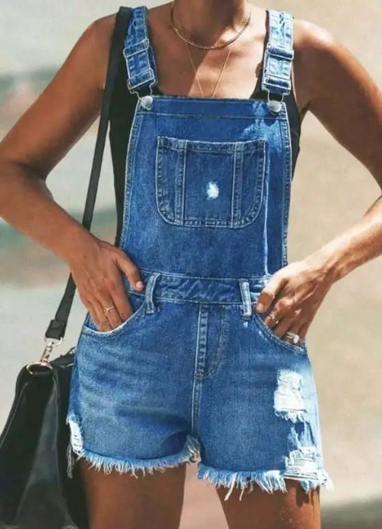 ملابس نسائية صيفية كلاسيكية بلون سادة ورقبة مربعة وحزام كتف قابل للتعديل بدون أكمام فضفاضة من قماش الدنيم بأرجل مستقيمة