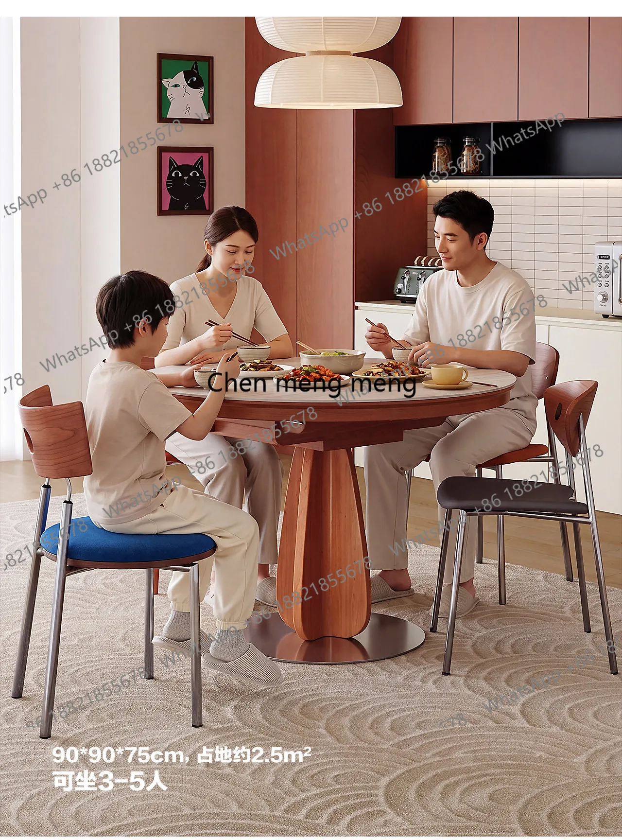 Round dining table retractable folding medieval household small apartment, new rock slab round table