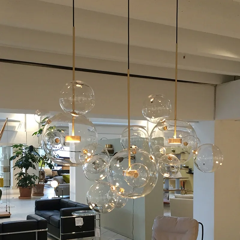 Postmodern Bubbles Ball Glass Pendant Light Iron Golden Led Hanging Lamp for Dinning Room Foyer Kitchen Chandelier Home Decor