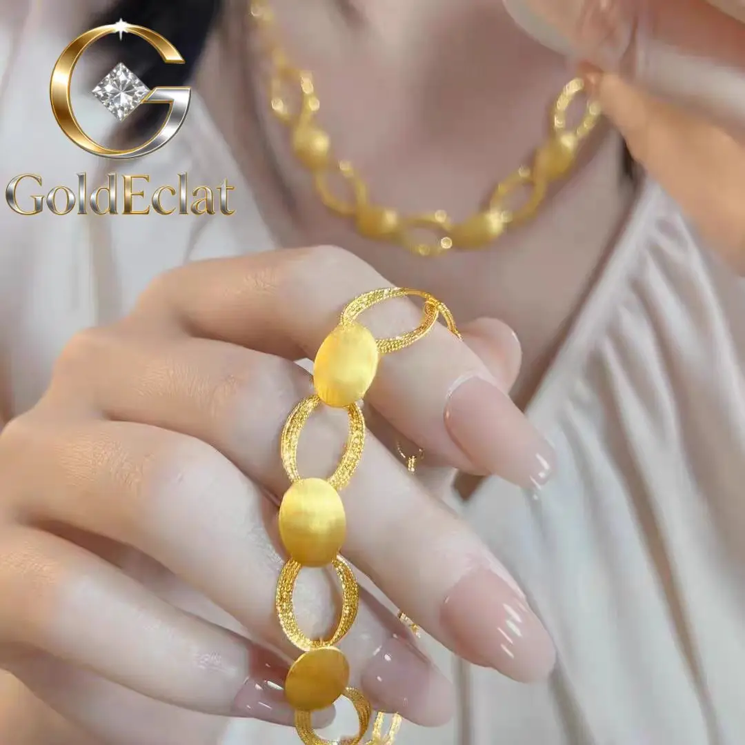 

GoldEclat 9999 24K real gold light and shadow halo women's light luxury brushed craftsmanship oval ring interlocking necklace e