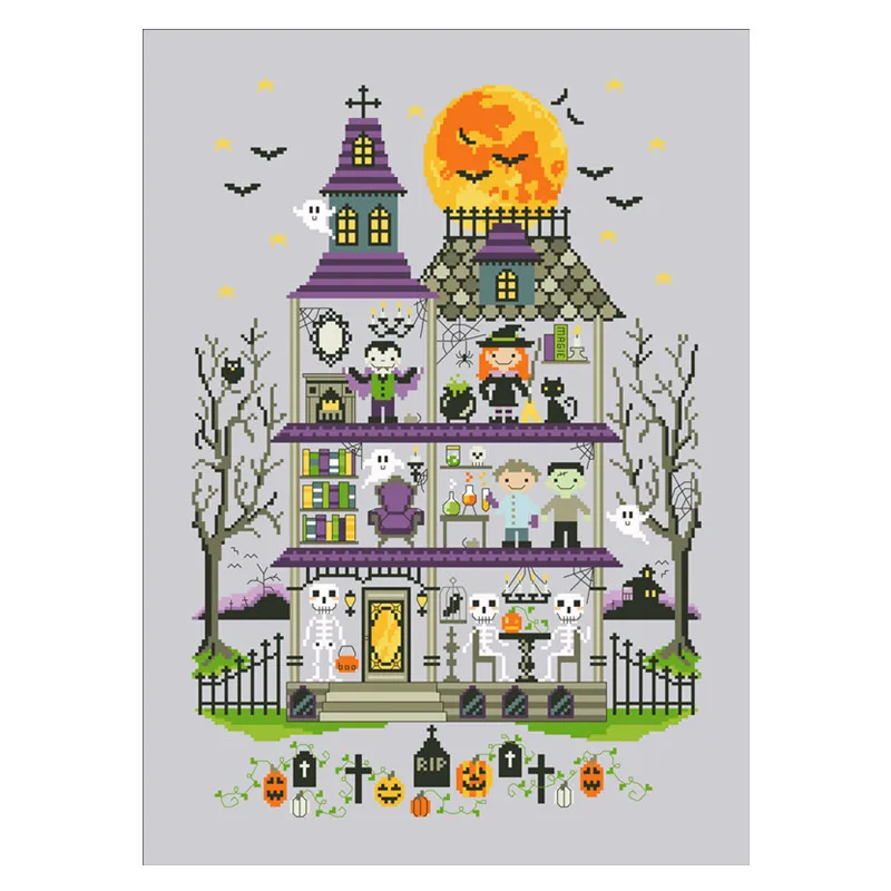 Haunted mansion cross stitch kits Halloween aida fabric 18ct 14ct 11ct silver canvas cotton thread embroidery kits DIY craft