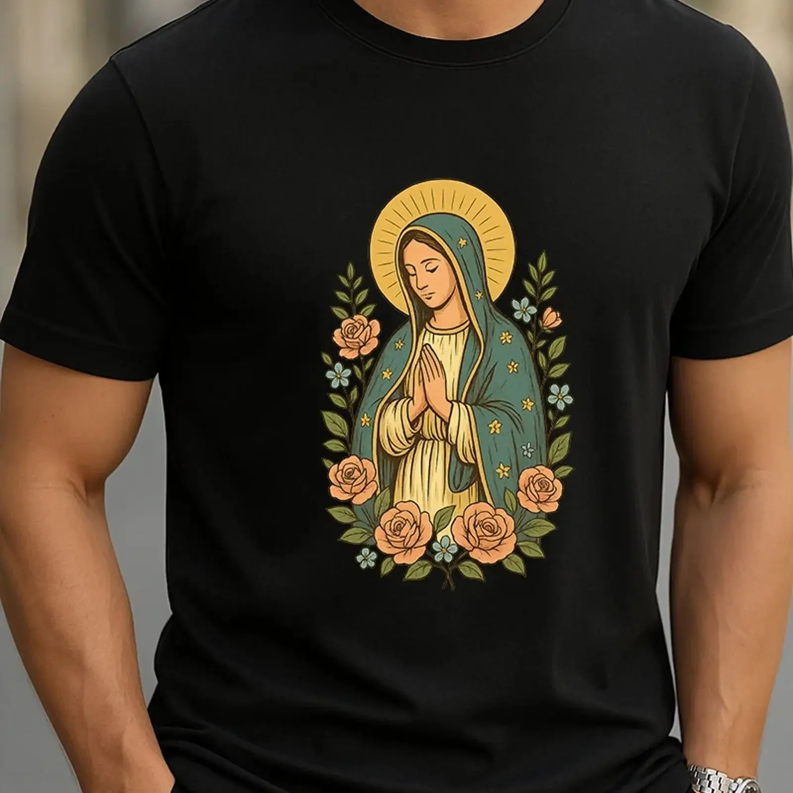 Virgin Mary T Shirt Our Lady of Guadalupe Floral Religious vintage Washed Soft homme Top For Everyday Wear fashion Breathable