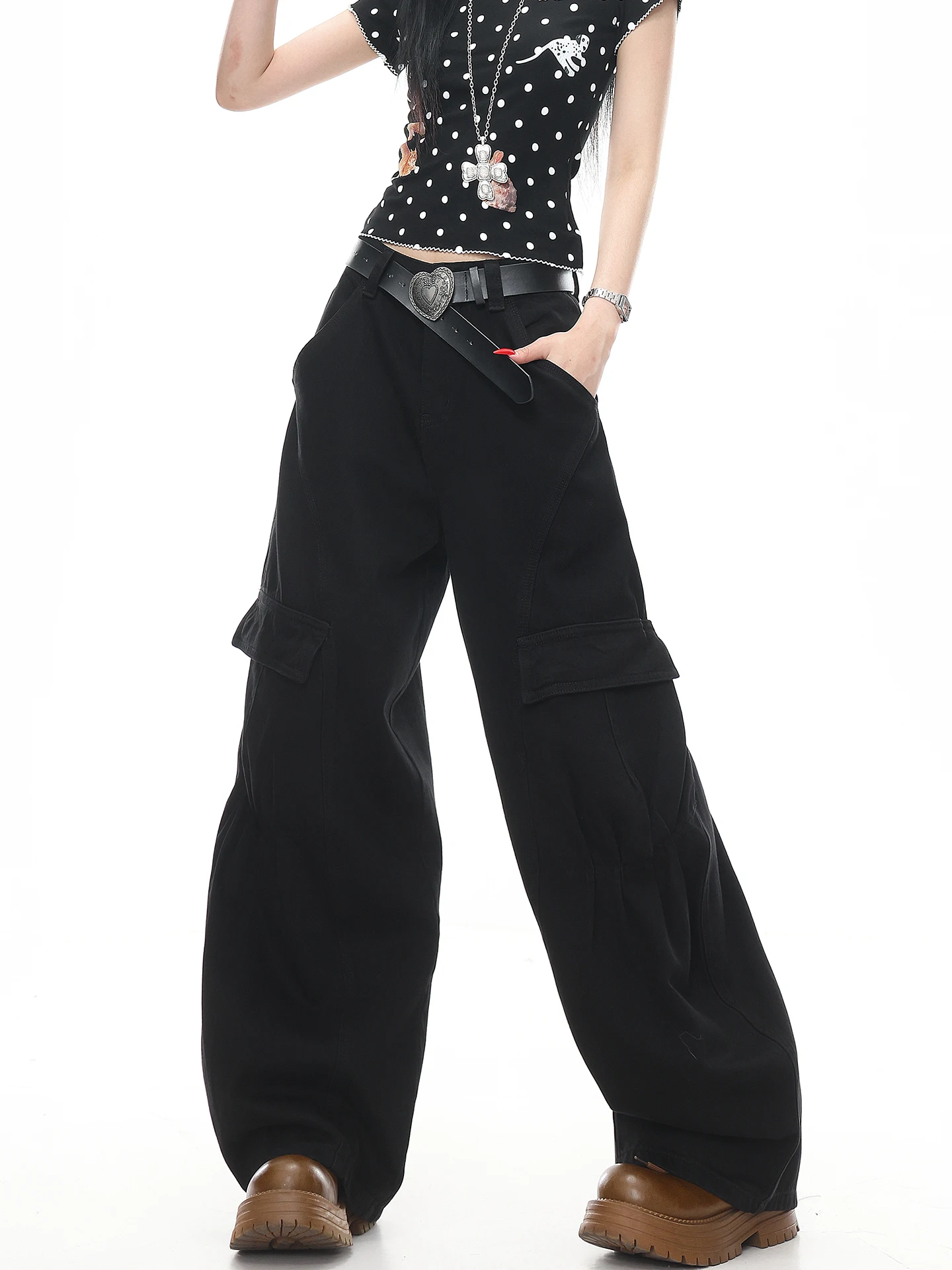 

American Style Wide Leg Workwear Jeans Multi Pocket Harlan Women's Loose Floor-Length Scythe Pants Retro Wash Natural Waist