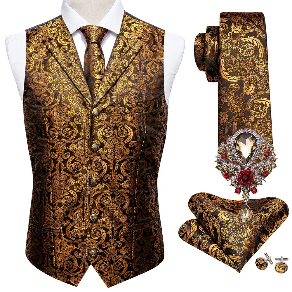 Chaleco de traje de negocios para hombre, chaqueta de seda con cuello en V y solapa, informal, de cachemir dorado, Formal, para boda, S-3XL