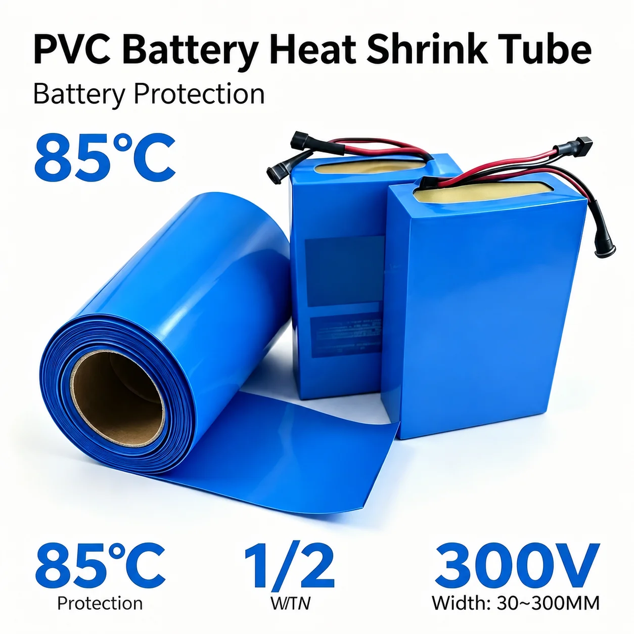 Blue PVC Heat Shrink Tubing 30-300mm Width Waterproof Insulating Sleeve, Shrink Wrap Tube for 18650 Lithium Battery  Protection