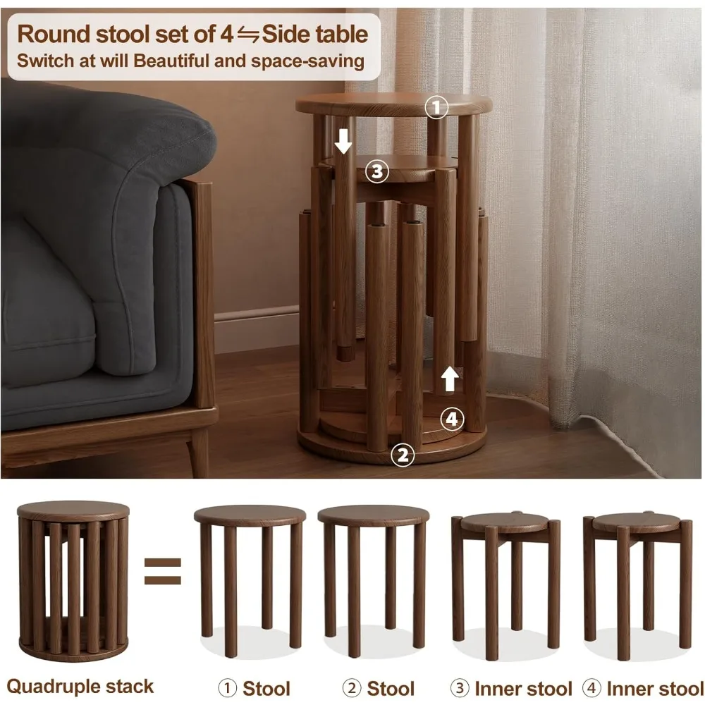 Ensemble de 4 tabourets empilables en bois, 18 pouces de hauteur, côté gigogne et tables basses, assemblage robuste et facile