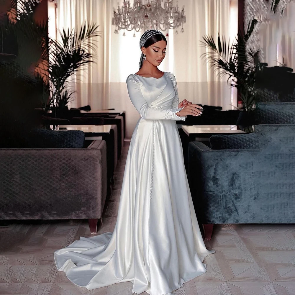 

Holy Wedding Dresses O-Neck Long Sleeve A-Line Bride Dress Pleat Button Arabic Satin Bridal Gown Customized vestidos de novia