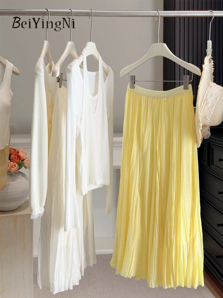 Nova Saia Plissada de Chiffon Estilo Fada Beiyingni para Mulheres, Saia Maxi Boho Fluida com Diamantes para Praia, Saia Casual Chique Feminina de Verão