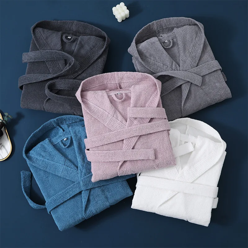 Pure Cotton Towel Bathrobe Solid Color Bathrobe Warm Hotel Robe Size 120cm Suitable for All Seasons Couple's Absorbent Bathrobe