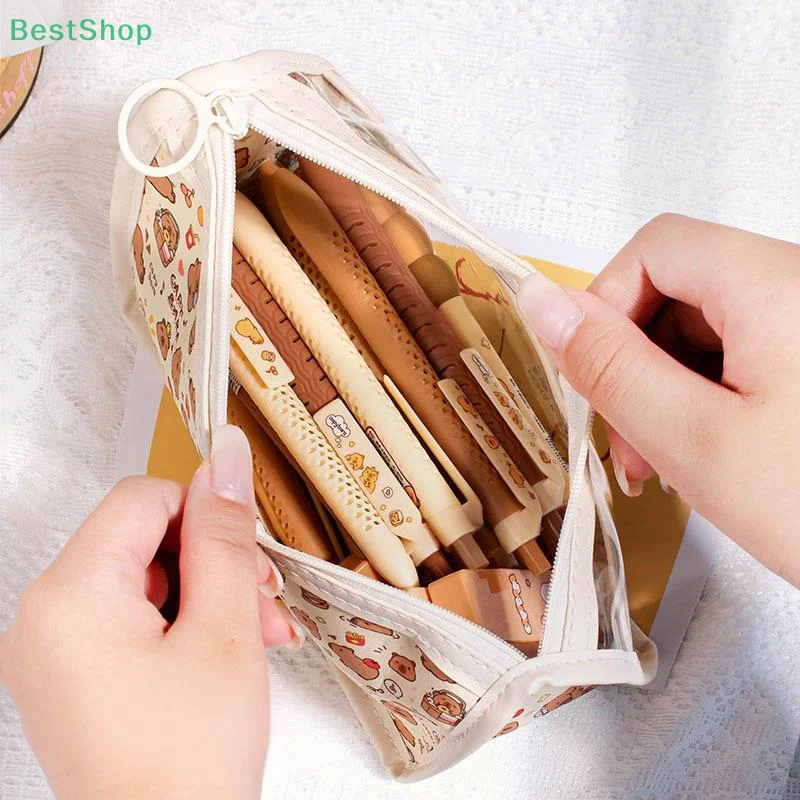 Tas Pena Kapibara Kapasitas Besar PVC Alas Segitiga Tahan Air Transparan Organizer Alat Tulis Hadiah Untuk Pelajar Kantor Rumah