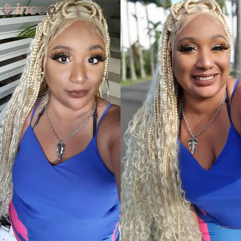 

32" Knotless Box Braided Wigs 613 Synthetic Full Lace Braids Wig For Black Women Goddess Boho Braid Wig for Daily Use White Wig