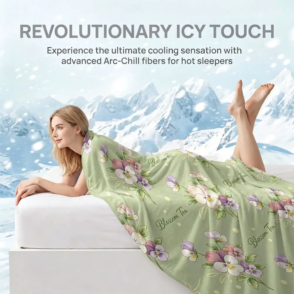 Light Green Pansy Floral Print Cooling Blanket Q MAX 0.3 Skin Friendly Throw For Cottage Bedroom Summer Nap