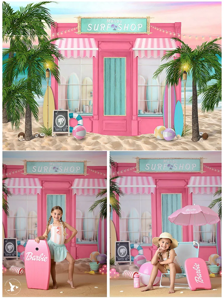 Summer Surf Shop Photo Background,Pink Beach Princess Birthday Photo Studio Props for Girl Cake Smash Background for Photography