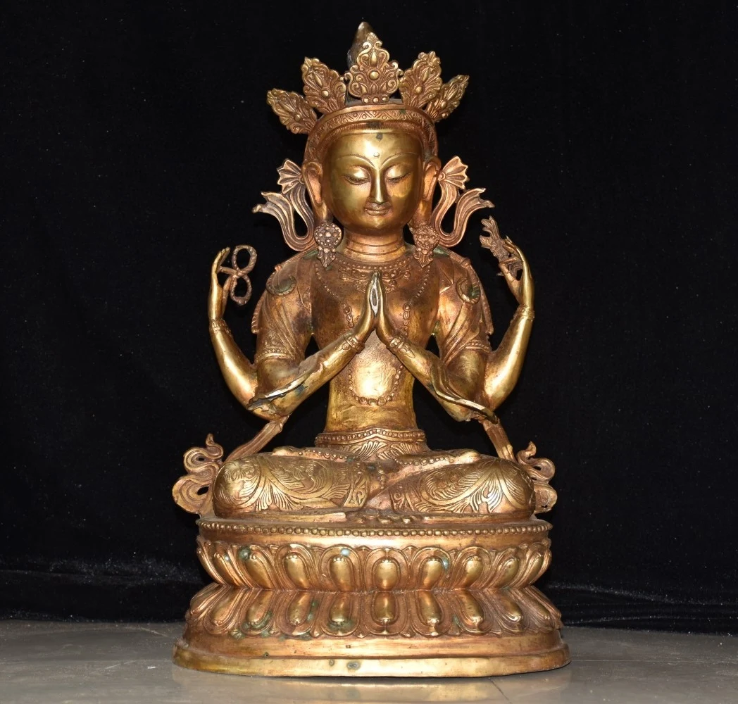 

18"Tibetan Temple Collection Old Bronze Gilded Four armed Guanyin Bodhisattva Double Lotus Terrace Sitting Buddha Worship Hall