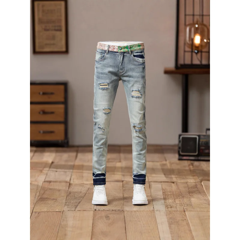 Stitched Print Design Premium Trendy Denim Pants Men's Ripped 2025 New Streetwear American Vintage Slim Fit Skinny Jeans