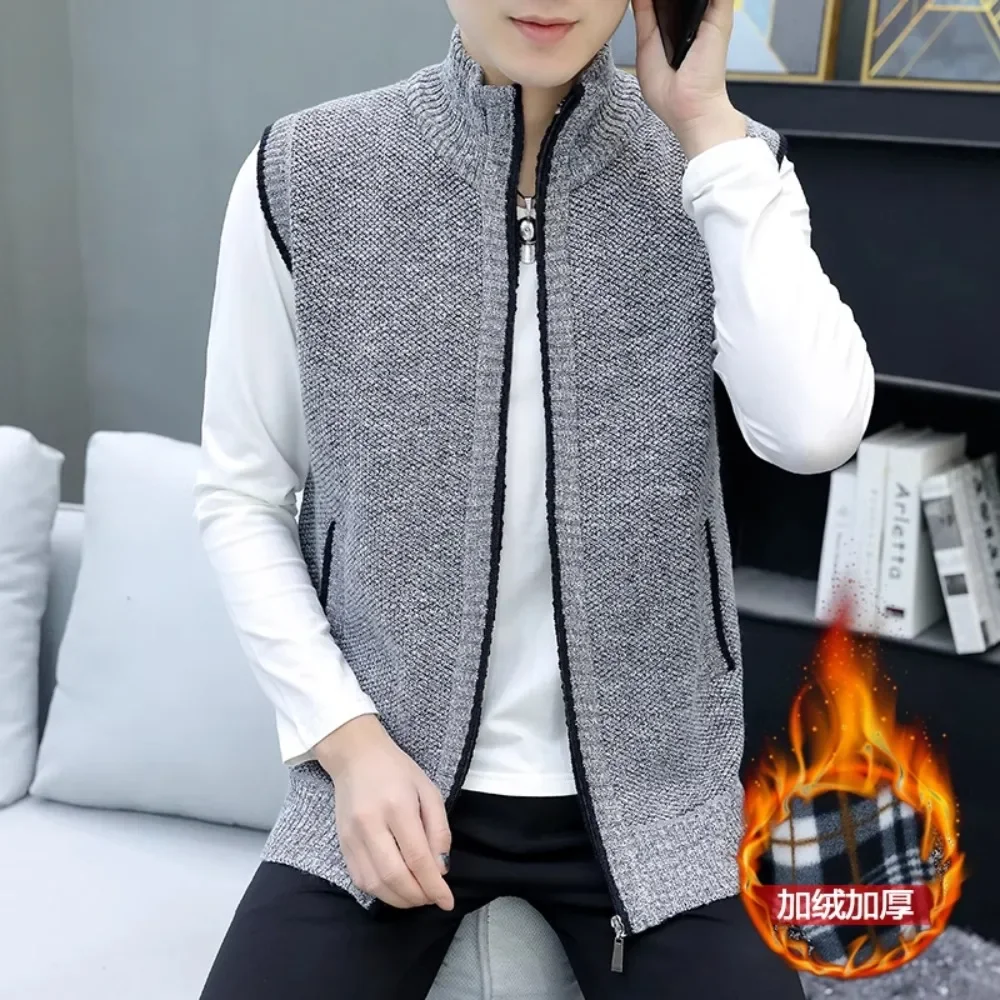 

Autumn Winter New Men's Sweater Vest Korean Version Sleeveless Sweater Male Warm Knitting Stand Collar Zipper Cardigan