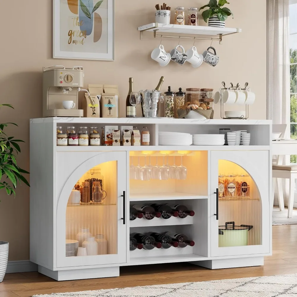 

Sideboard Buffet Cabinet, Kitchen Cabinet with LED Lights & Arched Glass Doors, Tall Bar Cabinets with 2 Adjustable Shelves