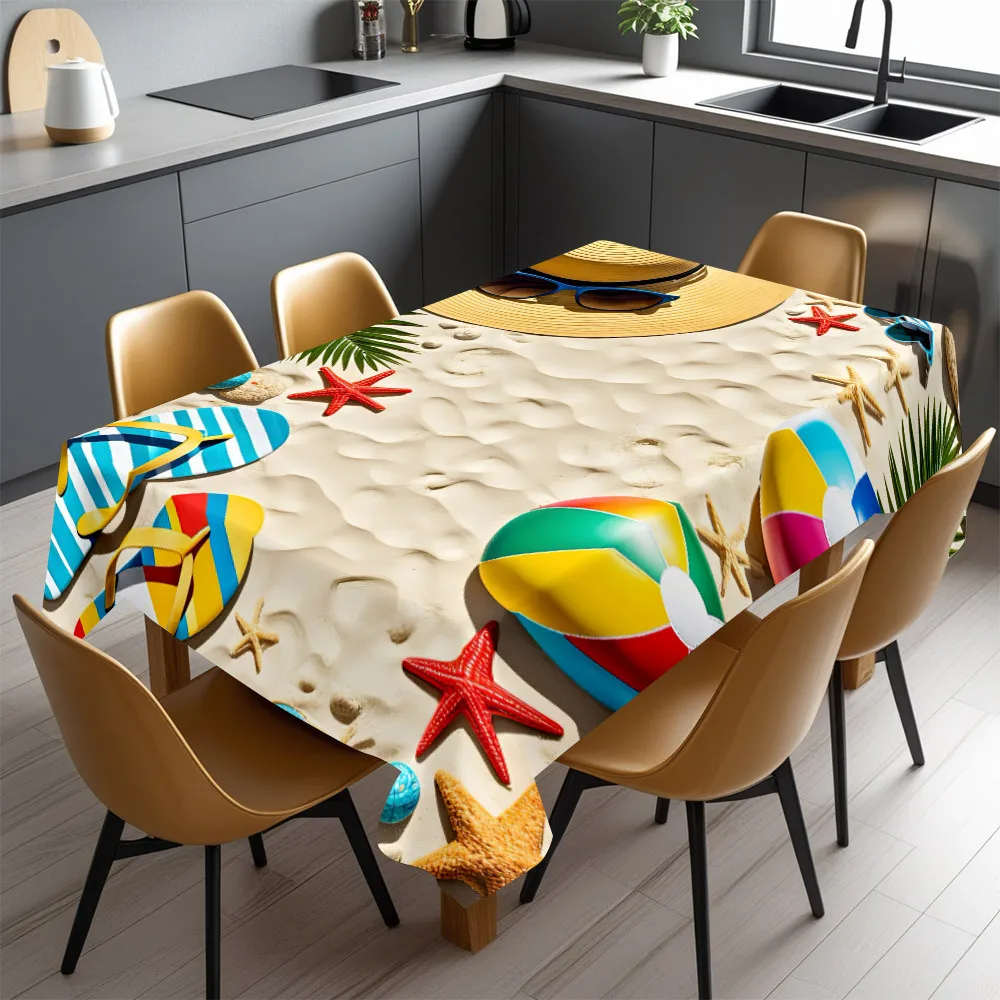 Beach Holiday Tablecloth, Sand Background With Seaside Summer Pattern, Waterproof Table Cover for Daily Meals & Home Party Use