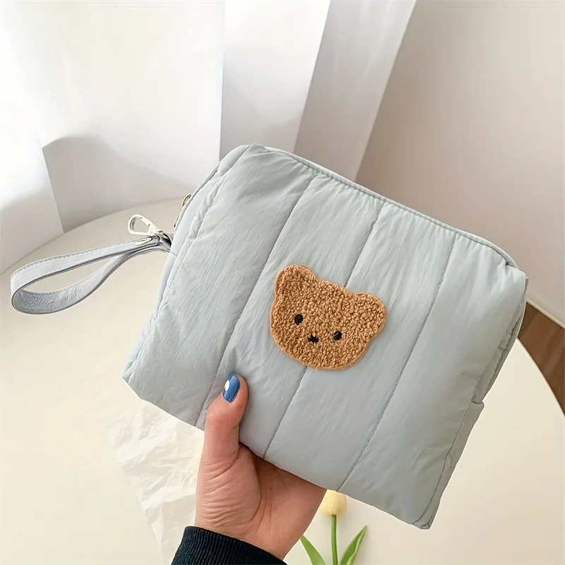 Cute Plush Bear Decor Cosmetic Pouch, Zipper Versatile Cosmetic Bag, All-Match Storage Bag