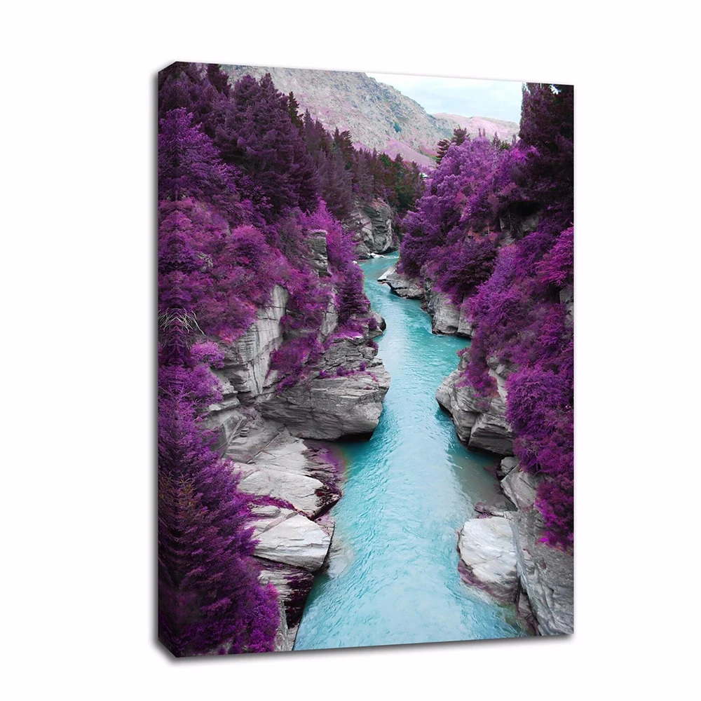 Canvas Print, Purple Scenery Blue Lake Painting, Landscape Wall Art Decor, Poster Picture for Living Room Home Decoration