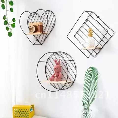 

Iron Nordic Style Rhombic Round Heart Shaped Grid Wall Shelf Hanging Decorative Rack Storage Holder Figure Living Room Decor 1PC