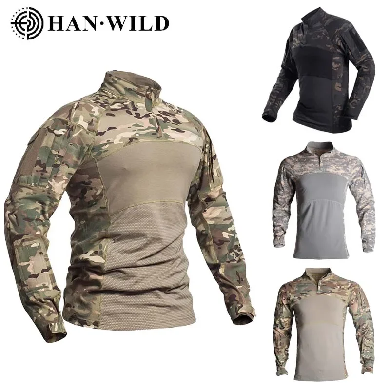 Men's Tactical Combat Shirt Multicam Camo Long Sleeve Hunting Gear