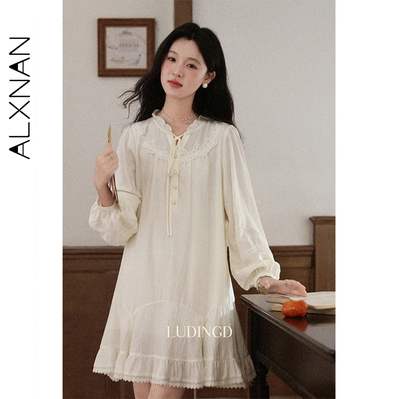 

ALXNAN Off-white Short Dress V-neck Ruffled Hem Lace Stitching Puff Sleeves Women's Dresses Elegant Long Sleeve Dress L57229