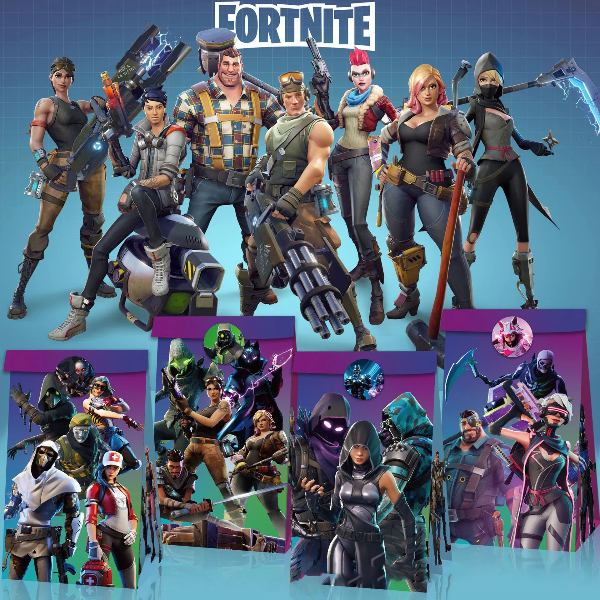 Fortnite Papierbox und Aufkleber Geburtstagsparty Snack-Süßigkeiten Kraftpapier Flache Verpackungstüten Keks-Kuchen-Aufbewahrungsbox Tragbare Geschenkbox
