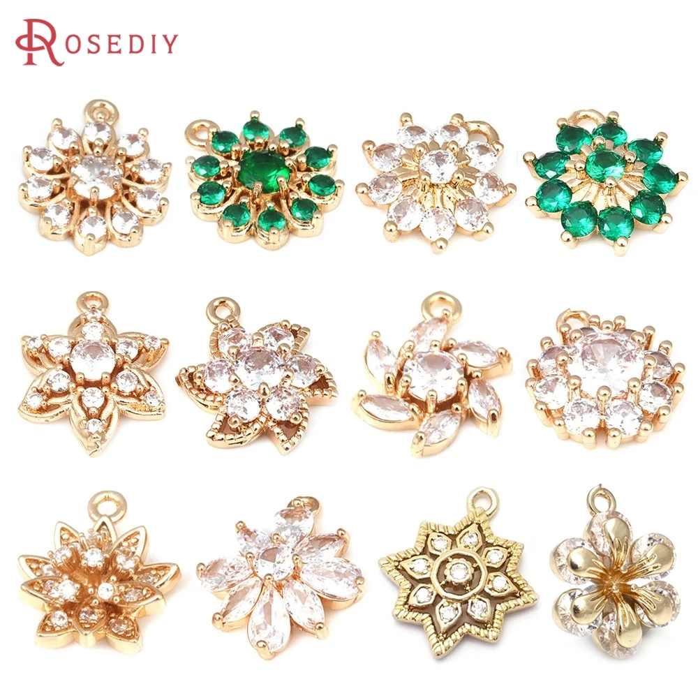 

18K Gold Color Brass and Zircon Flower Charms Pendants High Quality Diy Jewelry Making Necklace Earrings Accessories