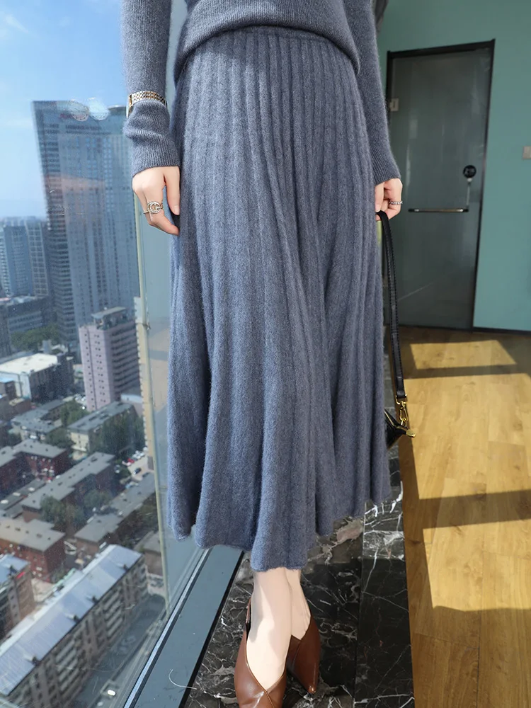 100% Pure Mink Cashmere Knit Half Skirt Women High Waist Swing Long Skirts Fashion Versatile A-Skirt High-End New Umbrella Skirt