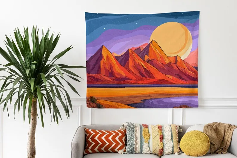 Desert Sunset Mountain Wall Tapestry Cosmic Landscape Art Decor for Modern Living Room