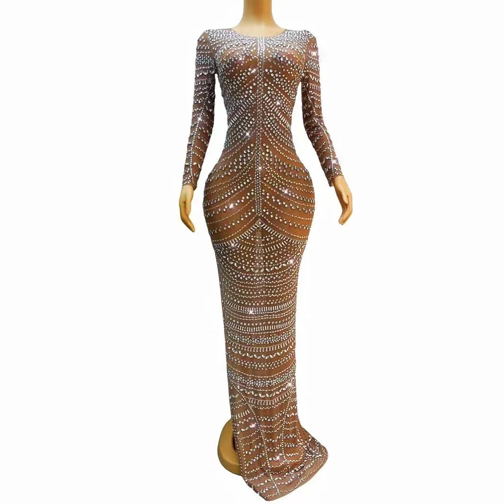 Robe Longue avec Strass Argentés et Brillants pour Femme, Tenue de Chanteuse, brev, Transparente, en Maille Rose, pour Séance Photo, Anniversaire, Sexy