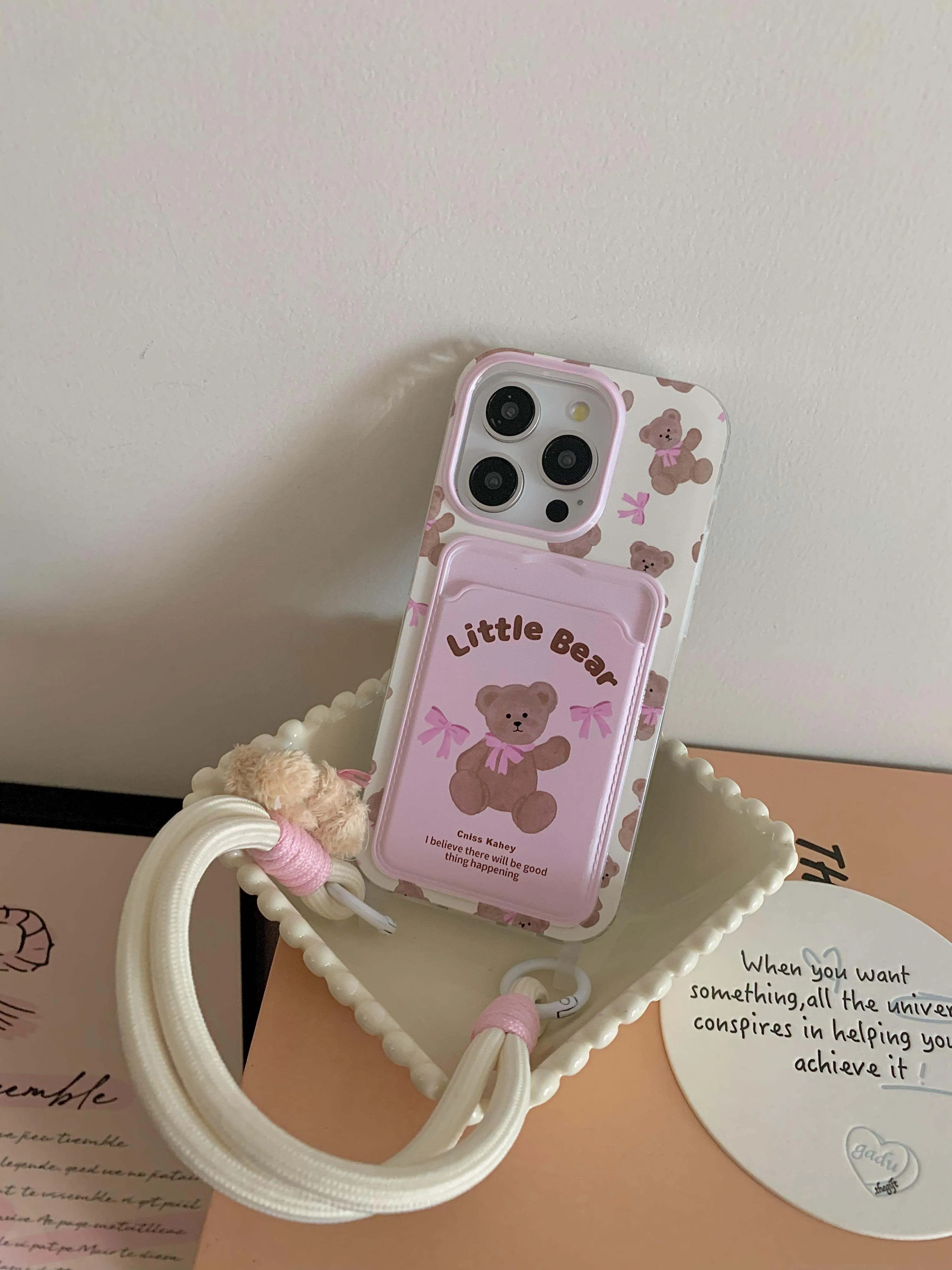 Pink bow bear card holder phone case for iphone 11 12promax 14 13 15pro 13pro 15 pro max 14pro 12 milk white rope cute funda