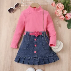 ملابس Girls High Neck Sweater Ribbed Denim Pleated Skirt with Belt Sets Princess Cute Suits 2Pcs Long Sleeve Children Clothing