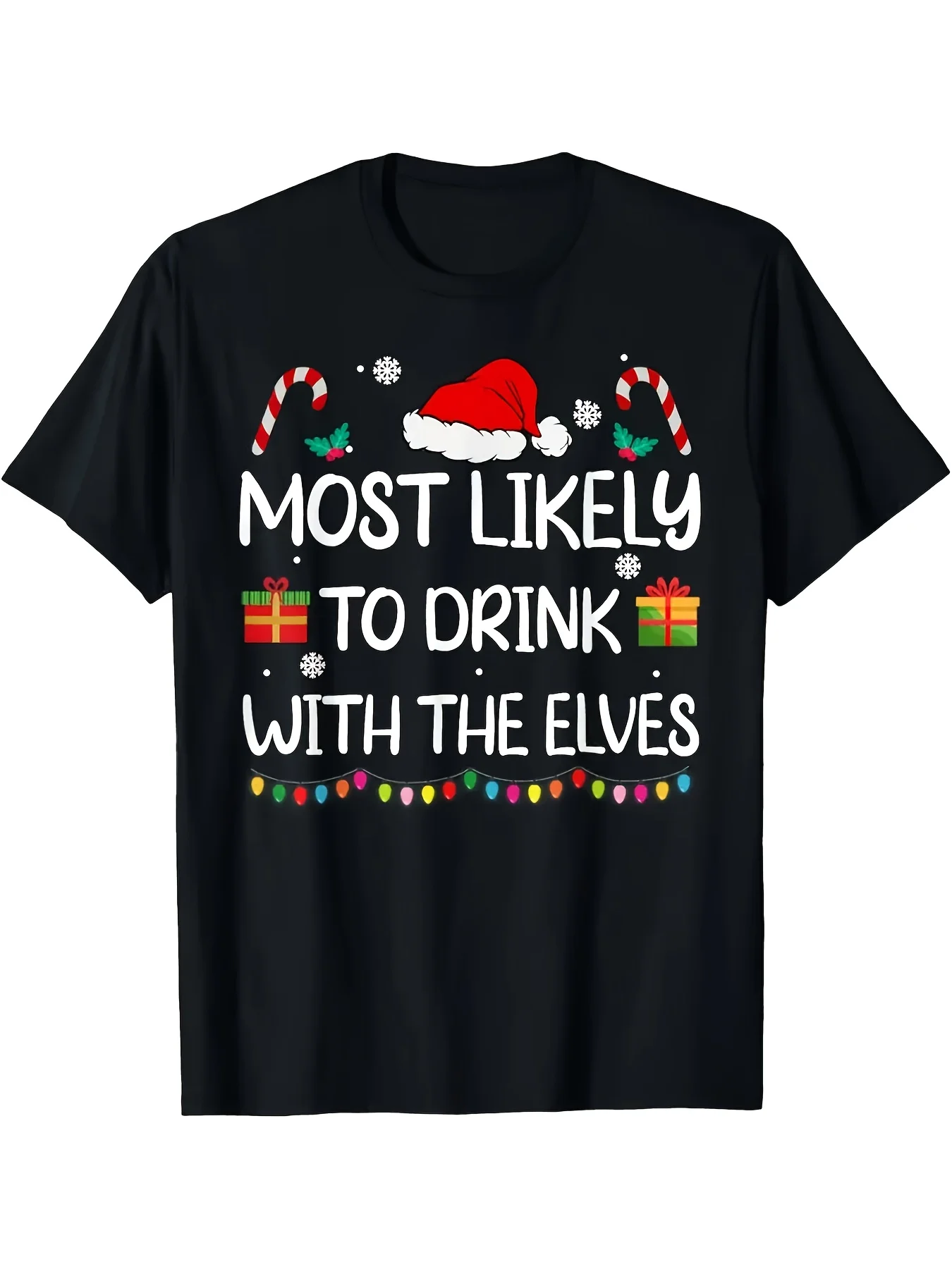 

1 Fun Christmas T-Shirt - Most Likely to Drink with Elves - Black T-Shirt