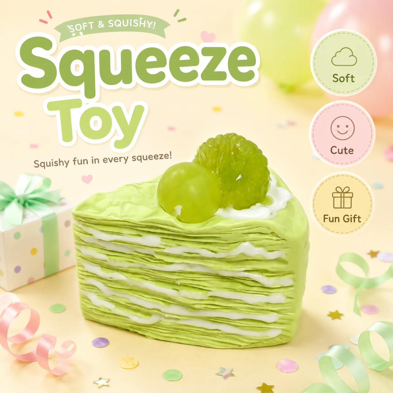 Soft Food Grade Matcha Cream Crepe Slice Squeeze Toy Fresh Green Grape Fruit Decoration Stress Reducing Fidget Squishy Toy