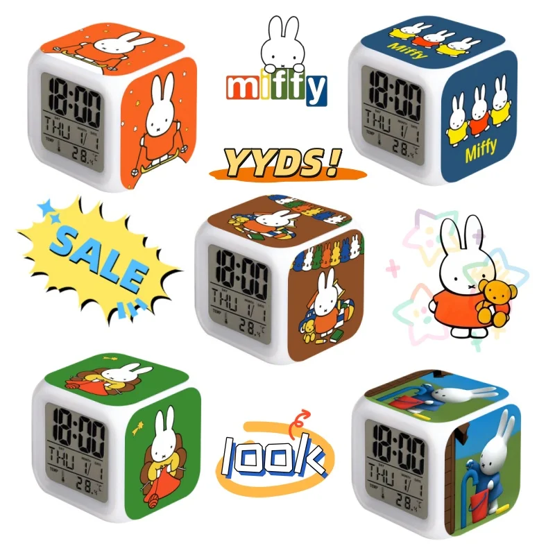 Reloj despertador de dibujos animados de Miffy con un cubo LED creativo (8x8x8 cm) que muestra la hora, el día de la semana y la fecha mediante luces de colores.