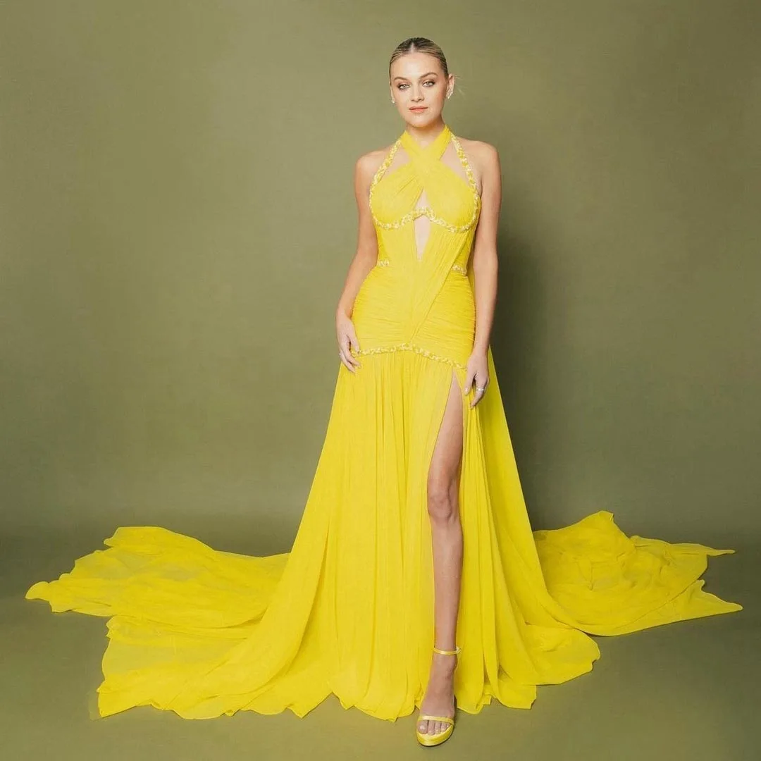 Vestidos de noite linha A em chiffon feminino com fenda, roupa recorte para eventos, lantejoulas de trem longo, amarelo, novo, verão, 2024