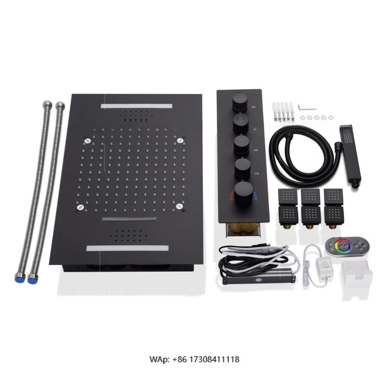 Deluxe Thermostatic LED Waterfall Rainfall Shower Faucet Set with Music Wall Mounted Black Shower Stirrer Faucet
