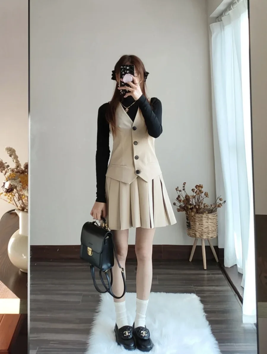 

Pop Spring Collection Elegant Women's Fashion School Style Patchwork Suit Waistcoat Sexy Pleated Sundress