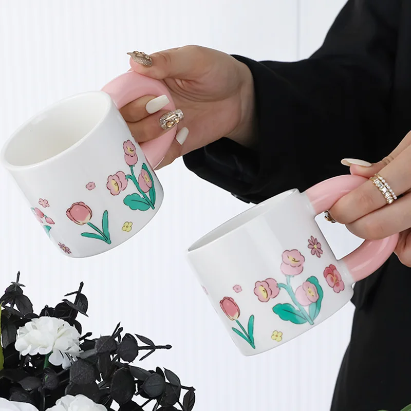 Exquisite Pink Tulip Girlish Heart Ceramic Mug Household Water Cup Afternoon Tea Cups Coffee Cups Home Office Kitchen Daily Use