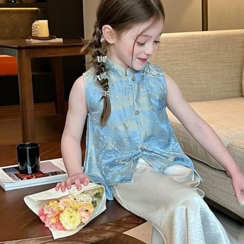 

2026 New Girls' Clothing 2-piece Set New Chinese Improved Vest 2-piece Set Summer Kids' Breathable Sleeveless Top Vest LJ594