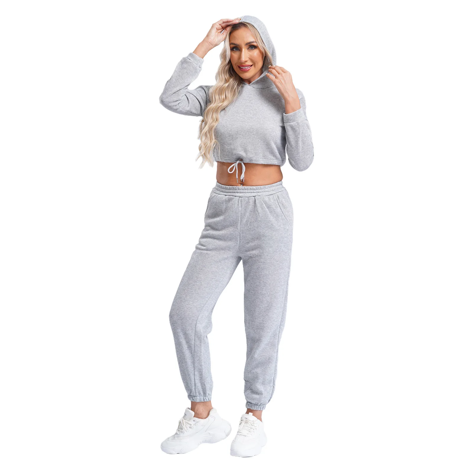 Womens Casual Solid Color Tracksuit Sports Set Fleece-Lined Long Sleeve Drawstring Hem Cropped Hoodie with High Waist Sweatpants