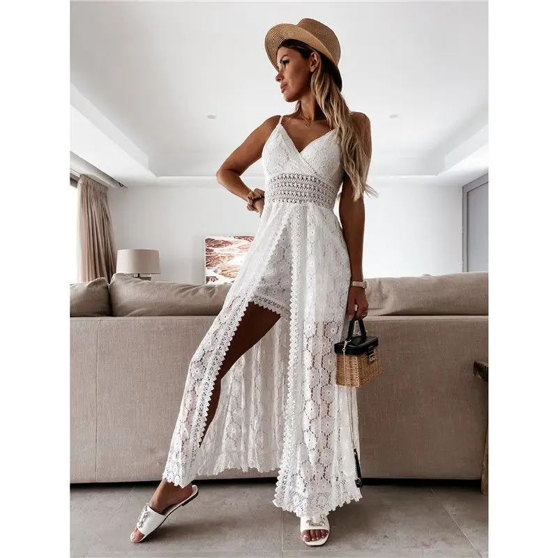 Women Lace Boho Style Long Dress Solid Color Deep V-neck Sleeveless Beachwear High Waist A-Line Summer Wild Sling Dress For Lady